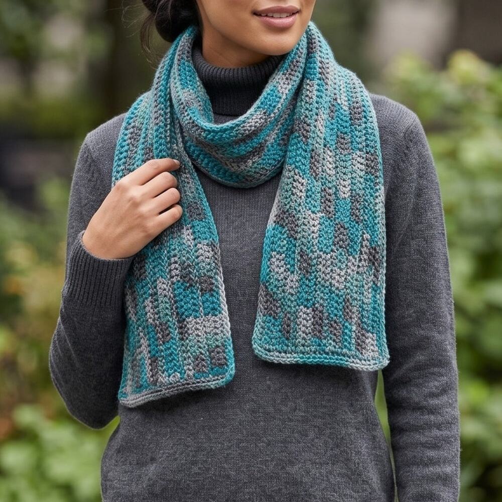 Handmade Crochet Variegated Green Blue Gray Rectangle Acrylic Scarf